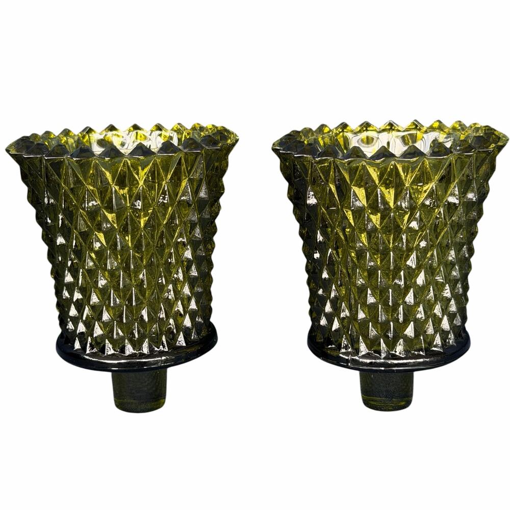 Vintage Diamond Cut Green Glass Peg Votive Candle Holder Homco Lot of 2 Olive